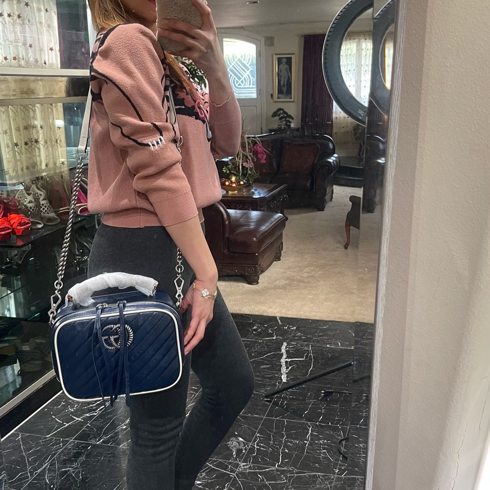 Navy Blue Structured Crossbody Bag with Silver Hardware